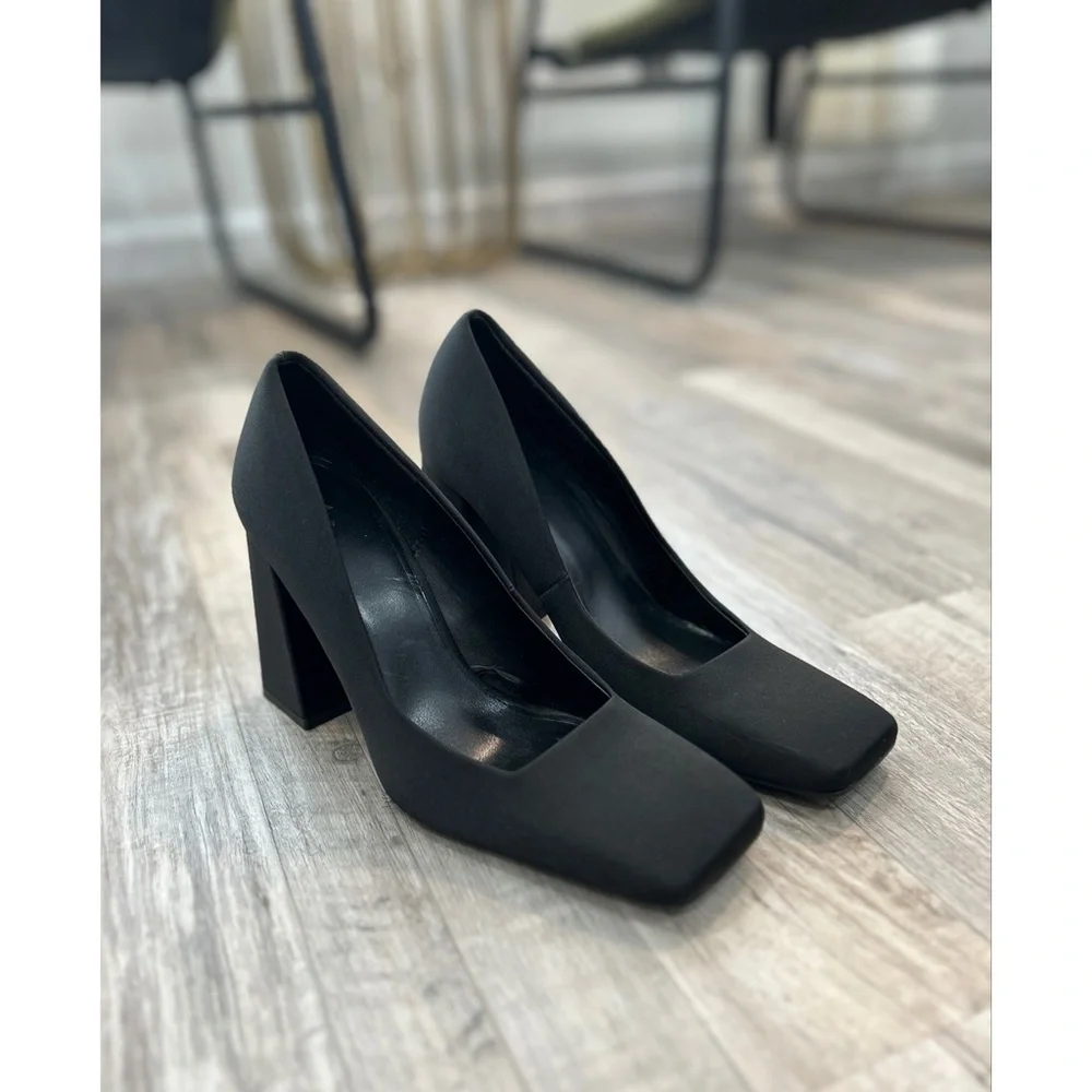 Zara Women’s Squared Toe Black Block Heel Pumps Shoes Size 39/8.5 Satin Classic - Picture 4 of 11